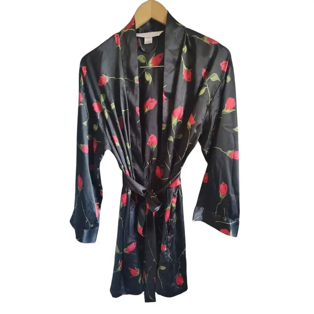 Vintage Y2K 2002 Victoria’s Secret Satin Rose Floral Robe One Size Black